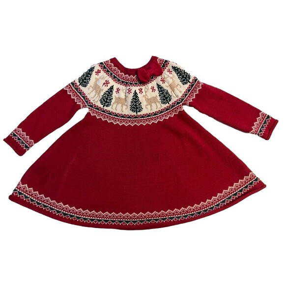 Tahari Baby Girl Fair Isle Knit Christmas Tree Dress Sz 24 Month Embroidery  Red - Picture 1 of 5